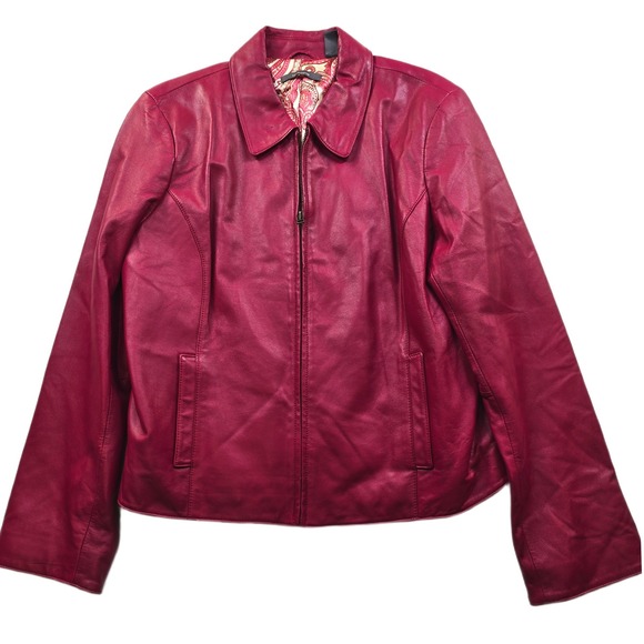 Liz Claiborne Jackets & Blazers - Liz Claiborne Leather‎ Jacket Women 16 Red Pink Paisley Lined Zip Front Coat